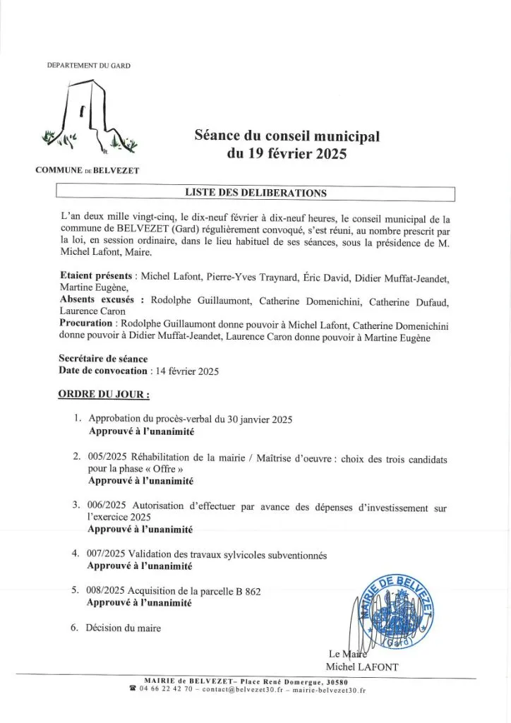 Liste des délibérations - séance du 19 février 2025